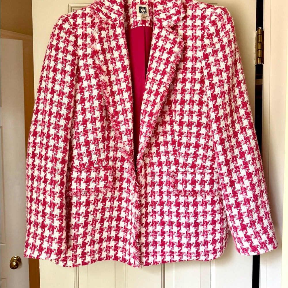 Anne Klein Hot Pink & White Houndstooth Tweed Blazer Medium